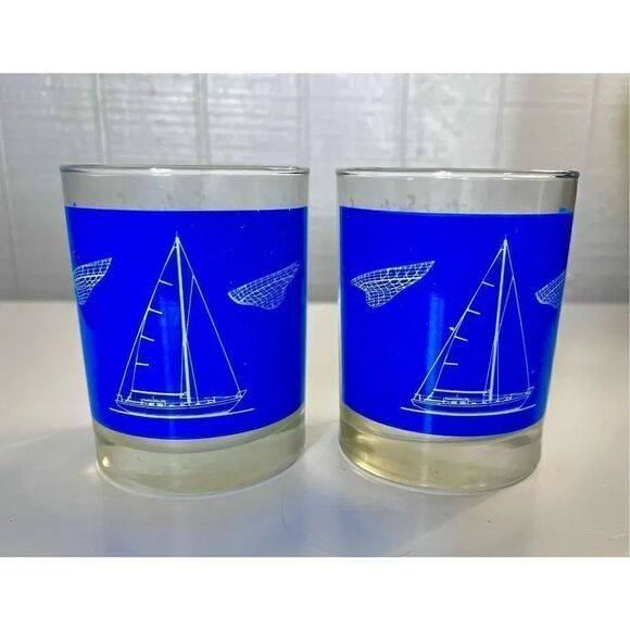 No Brand Other - 2 Sailboat Sailing Rocks Glasses Blue Nautical Glass Tumblers W Hull Diagram